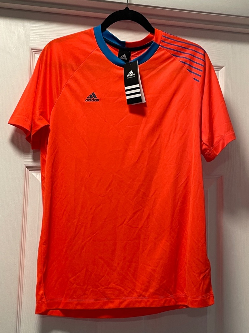 NWT Adidas Men’s Infra red/collenavy Short-Sleeve Athletic Tee with Blue Trim